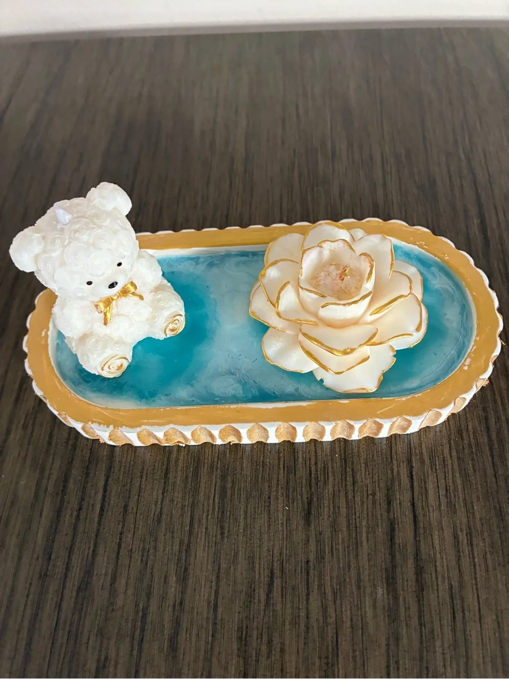 White Teddy Bear & Flower Decorative Candle Tray - Blue Accent